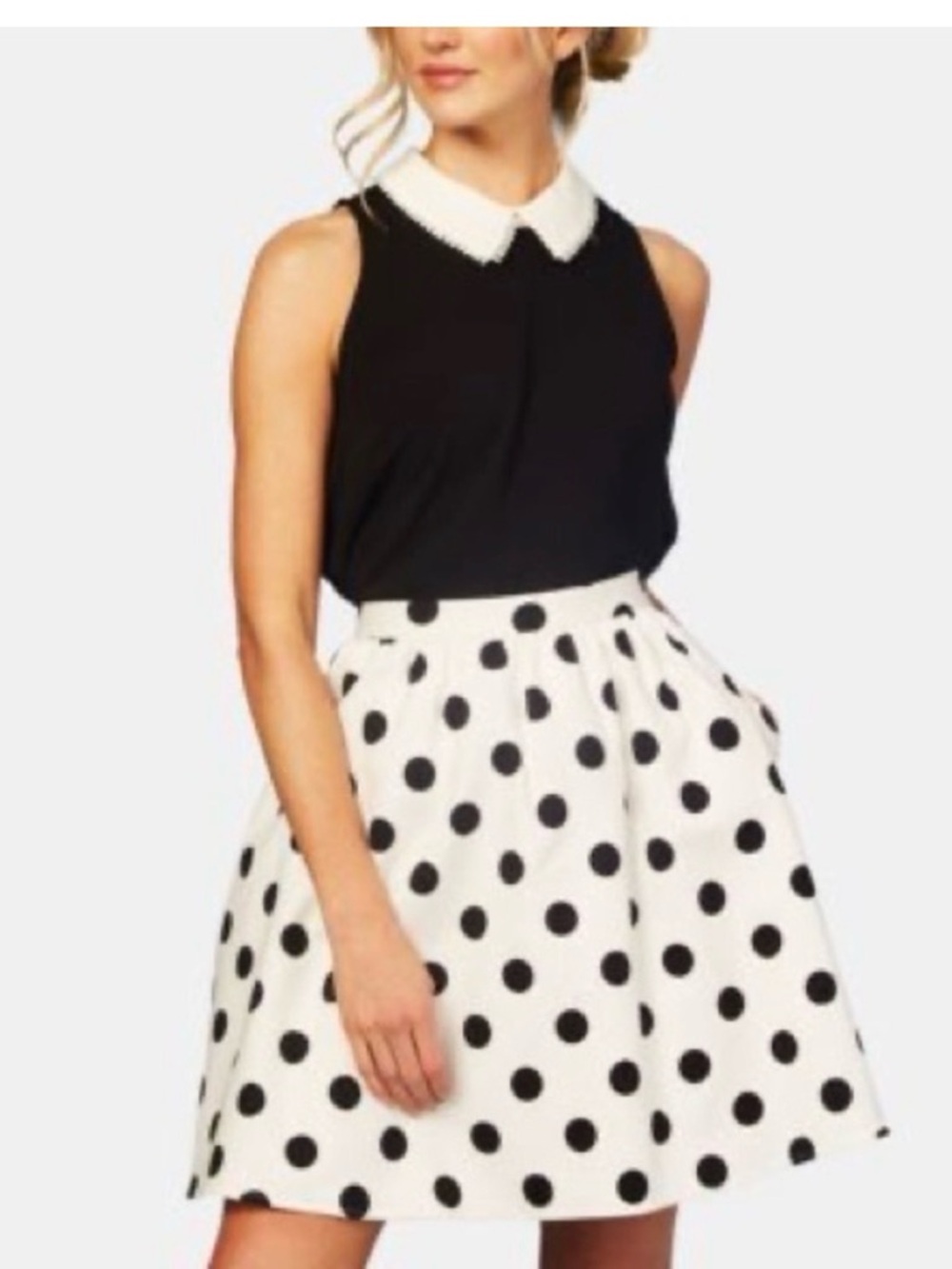CeCe Black & White Polka Dot A-Line Skirt with pockets